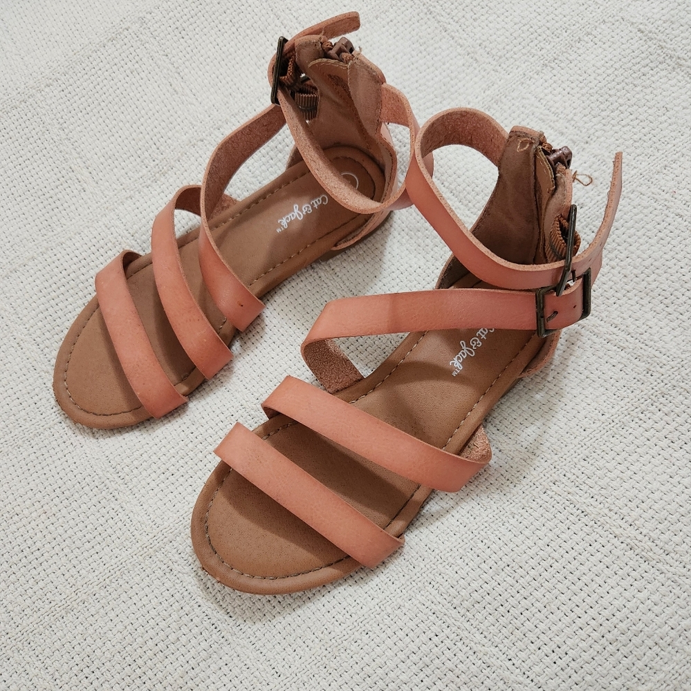 Girls Tan Strappy Sandals Zip Back